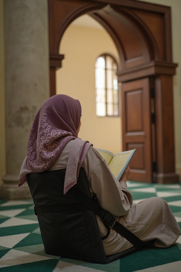 An elderly Muslim man sits solemnly on a majestic black Duma,  adorned with the Duma brand,  within the grandeur of a hist...