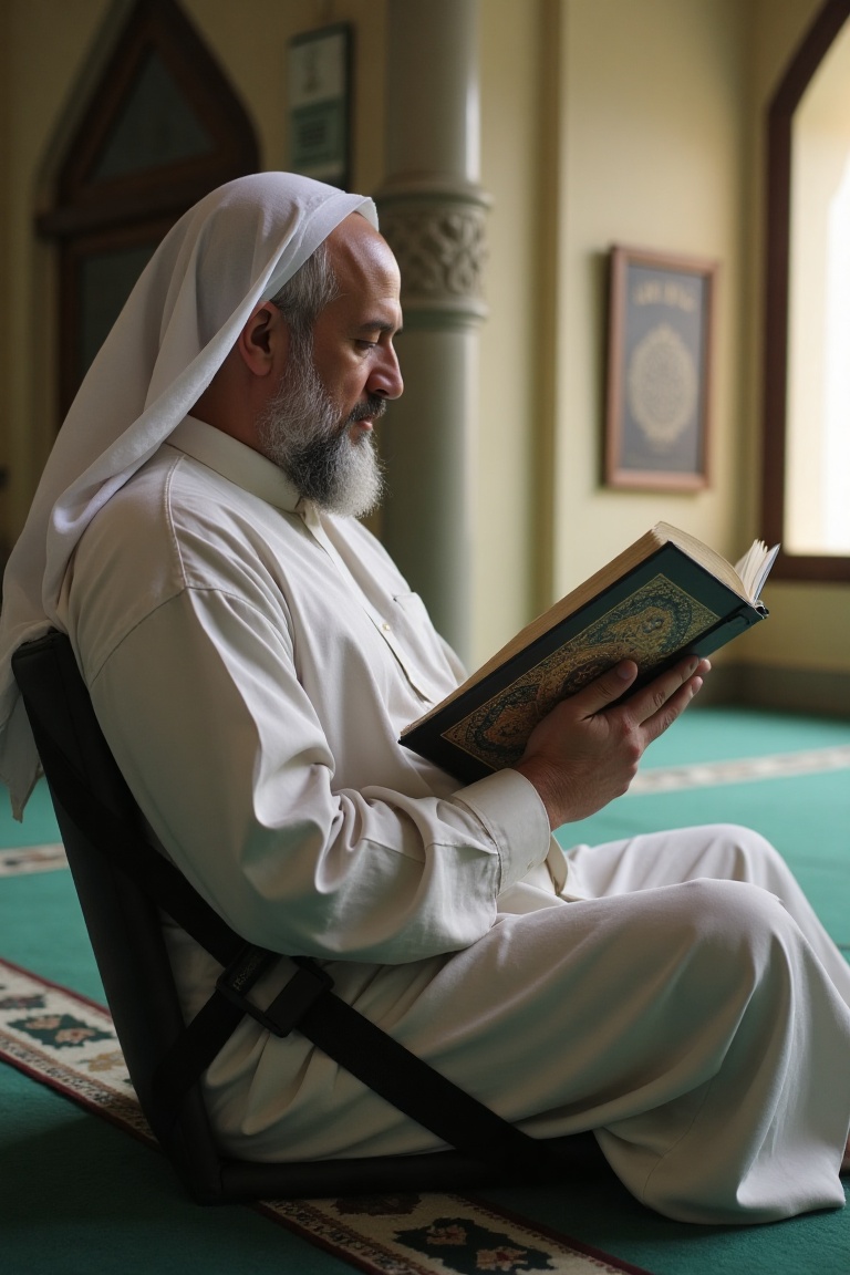 Benjamin Franklin wearing white gamis is sitting on a black duma,  adorned with brand "duma". inside of mosque,  side view...