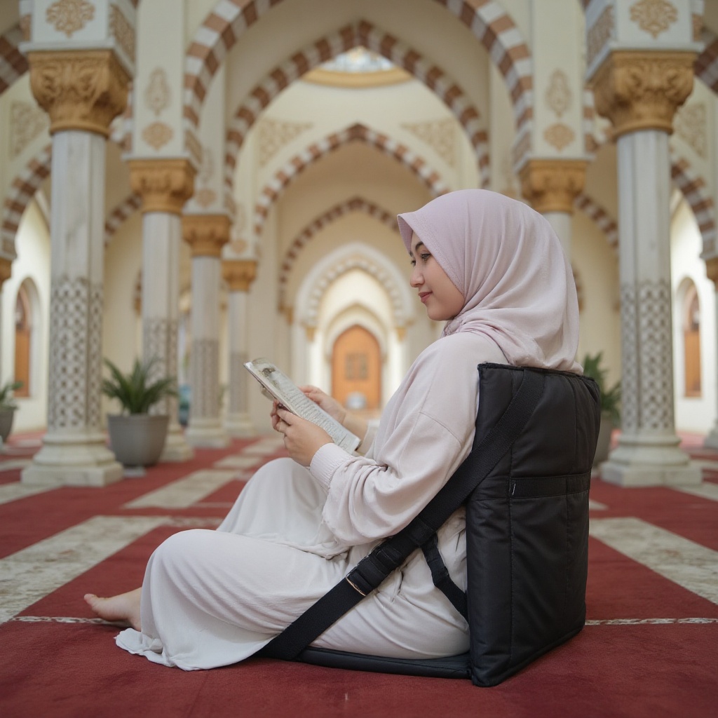 A white hijabi woman sits serenely on the iconic a black duma,  adorned with brand "duma". its sleek black surface contras...