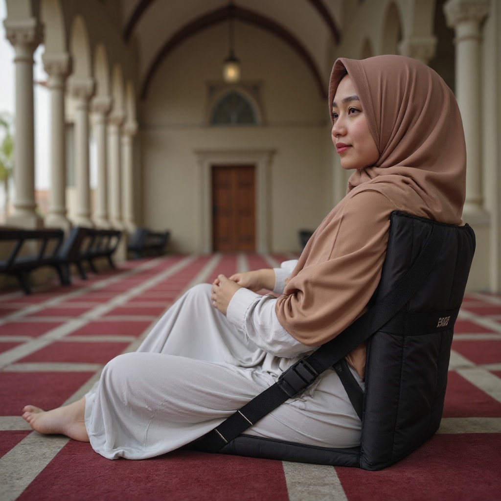 A white hijabi woman sits serenely on the iconic a black duma,  adorned with brand "duma". its sleek black surface contras...