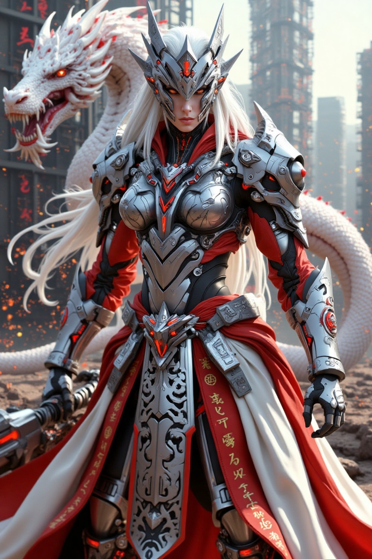 A celestial warrior queen stands at the heart of a futuristic empire,  clad in an exquisite fusion of silver battle armor...