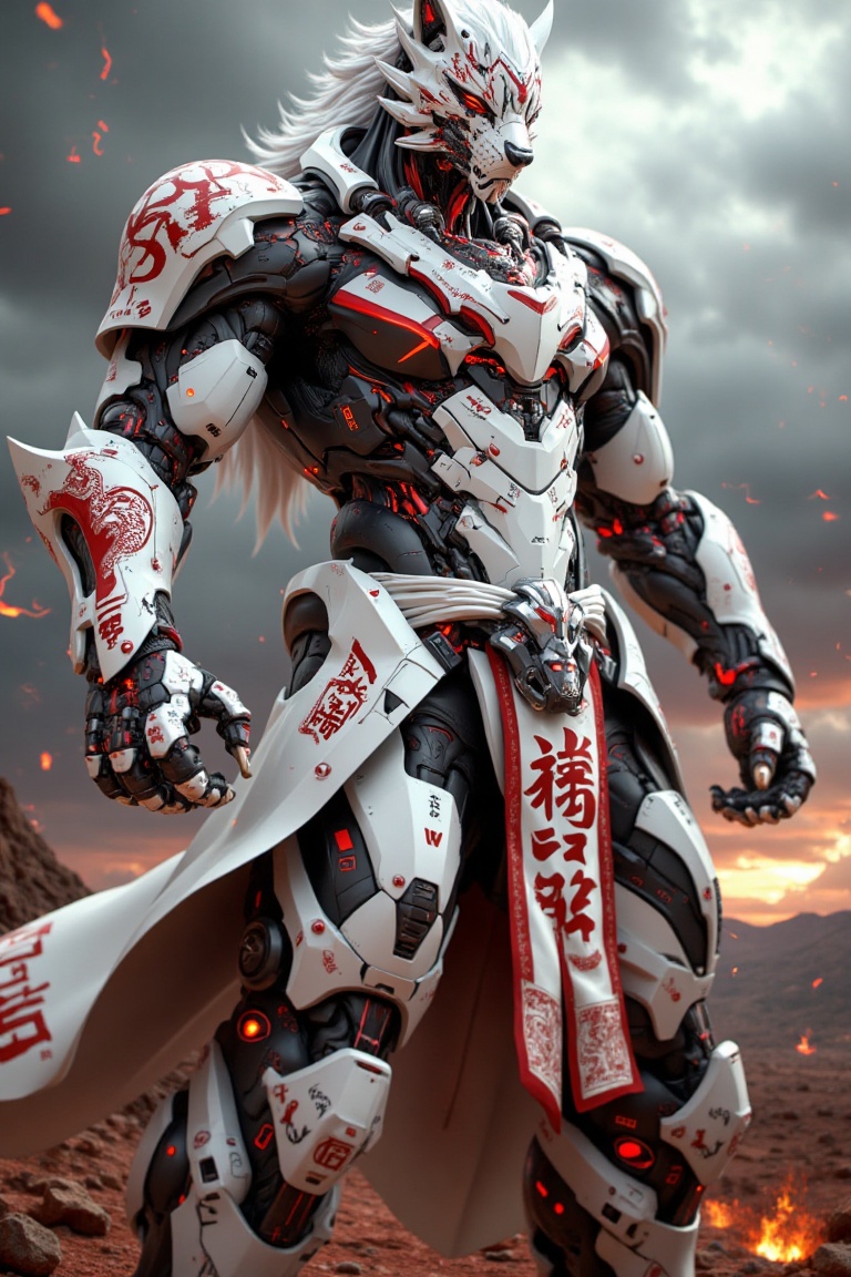 A towering cybernetic samurai,  a perfect fusion of ancient warrior traditions and cutting-edge mecha technology. Its slee...