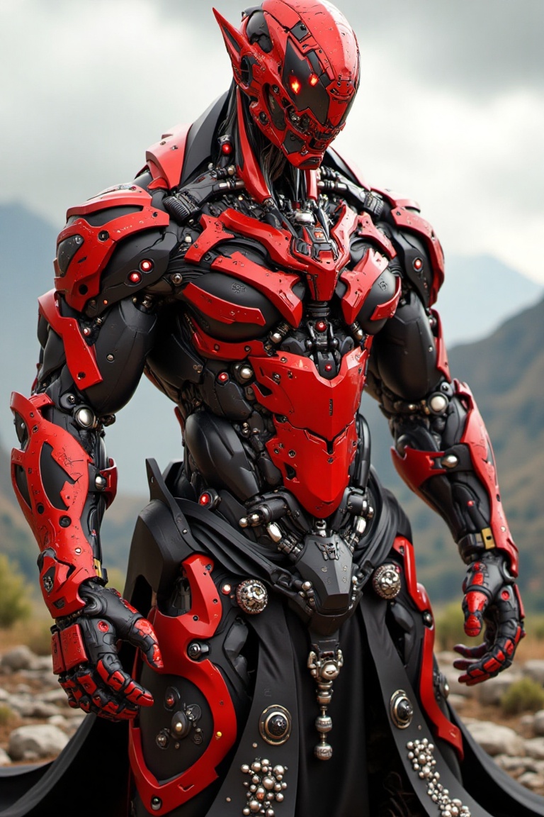 A towering cybernetic warrior clad in an intricate,  crimson exoskeleton,  its armor a fusion of sleek on Tensor.Art