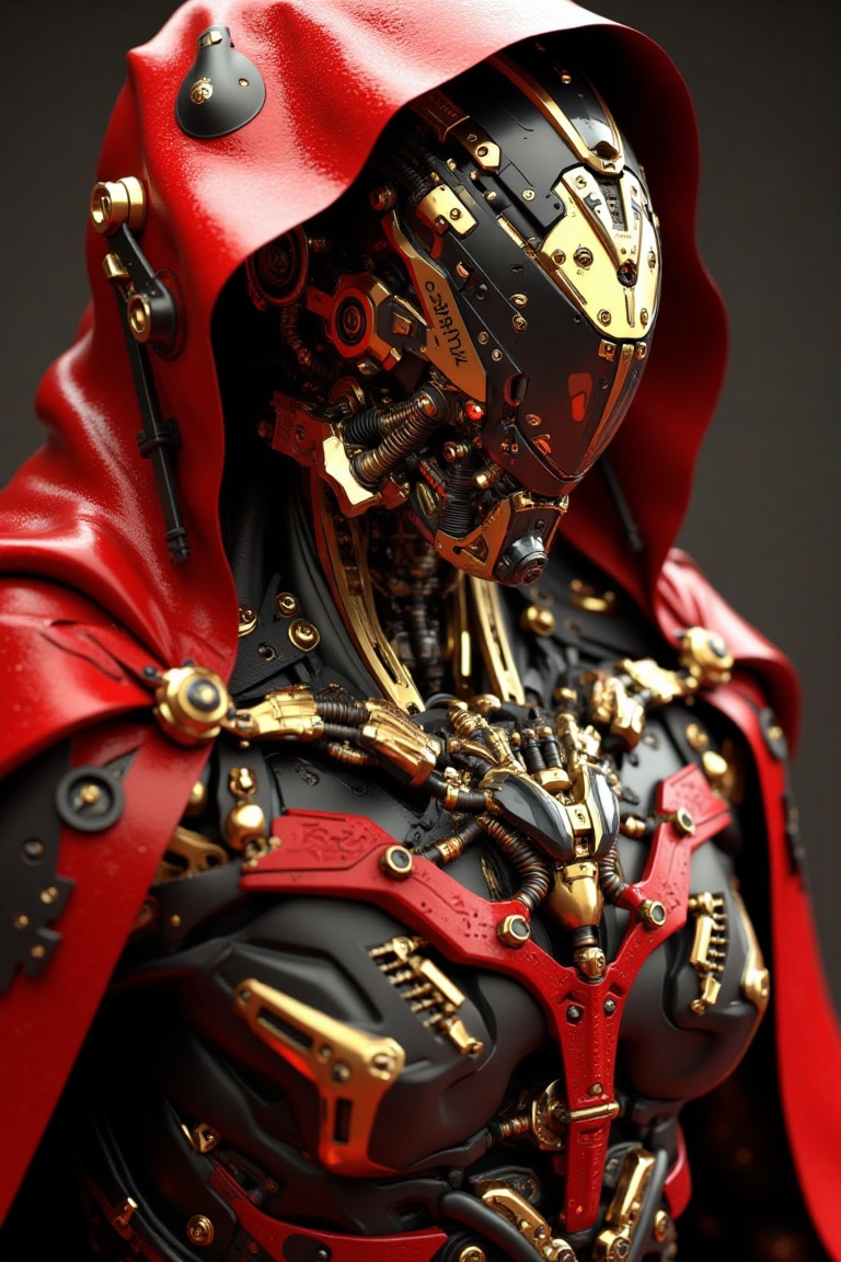 A futuristic cybernetic warrior clad in a sleek,  high-tech exosuit,  primarily in black and red with intricate golden mec...
