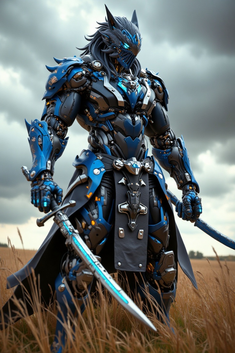 A towering cybernetic warrior stands in an open field beneath a stormy sky,  his body a fusion of cutting-edge robotics an...