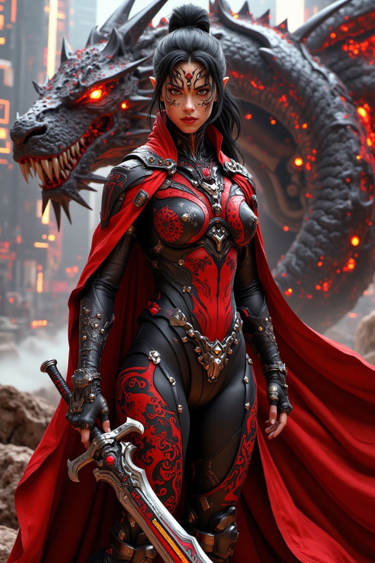 A commanding warrior queen stands at the heart of a cyber-fantasy realm,  her presence both regal and formidable. She is c...