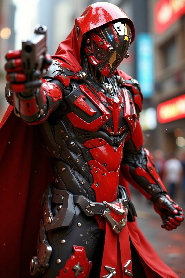 A futuristic armored warrior dominates the scene,  their face concealed behind a sleek,  metallic red helmet with glowing...