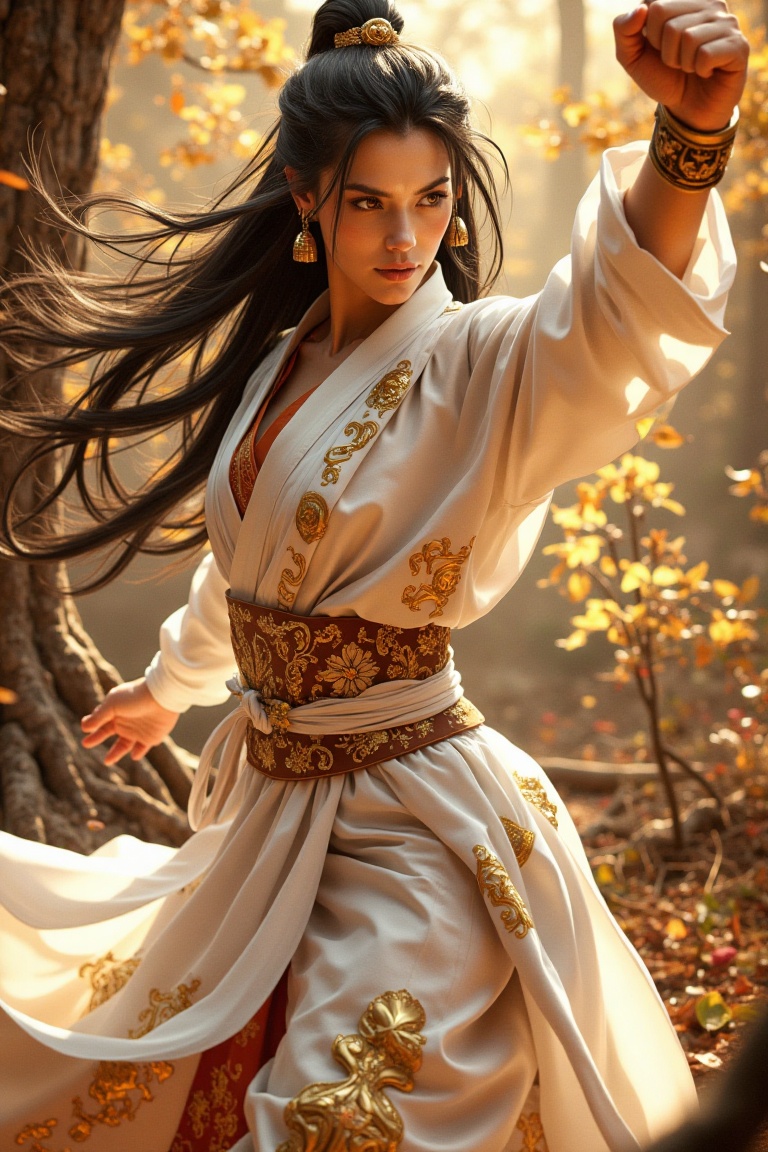 Bathed in soft golden sunlight,  a legendary martial artist dances between shadow and light,  her flowing white robe movin...