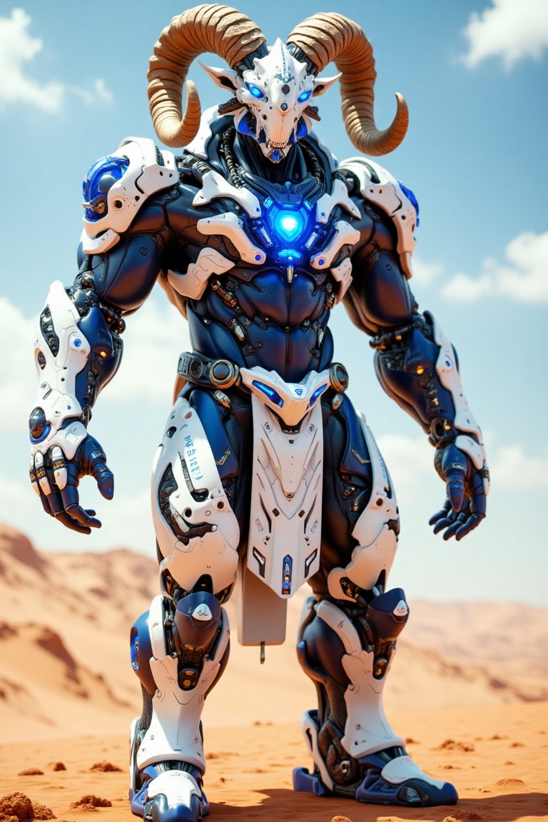 A towering humanoid warrior with the head of a majestic ram,  adorned with large,  spiraling horns and glowing blue eyes....