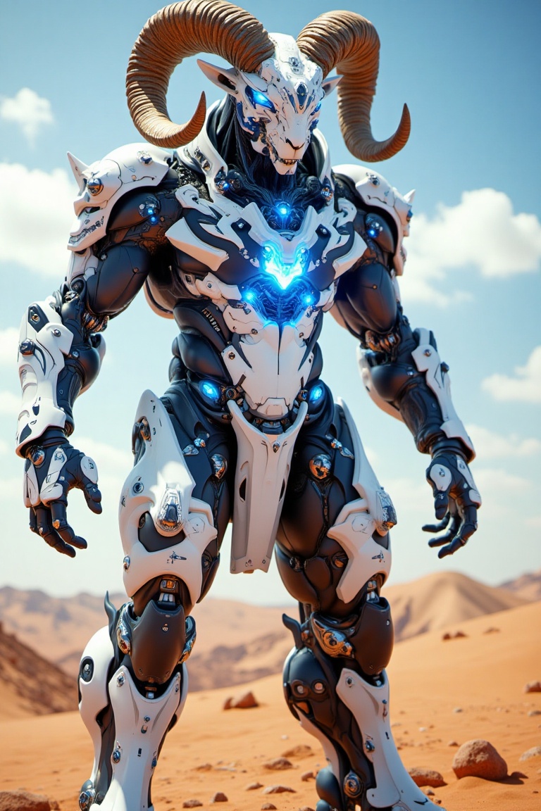 A towering humanoid warrior with the head of a majestic ram,  adorned with large,  spiraling horns and glowing blue eyes....