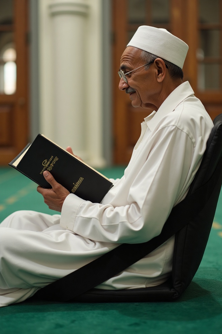 Mahatma Gandhi ,  wearing white muslim,  is sitting on a black duma on Tensor.Art