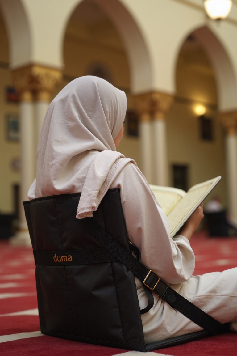 A Muslim woman,  dressed in a crisp white hijab,  sits serenely on a sleek black Duma chair on Tensor.Art