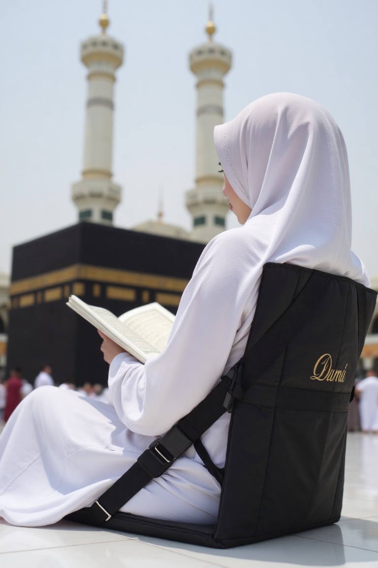 A Muslimah,  dressed in crisp white attire,  sits serenely on a sleek black Duma on Tensor.Art