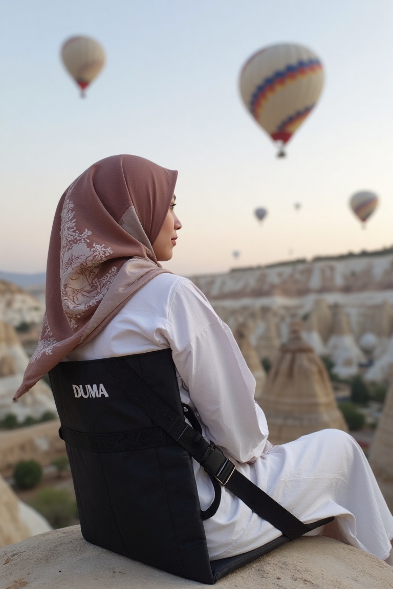 A Muslimah in flowing white robes sits contemplatively on a sleek black Duma,  emblazoned with the bold 'DUMA' logo. Her g...
