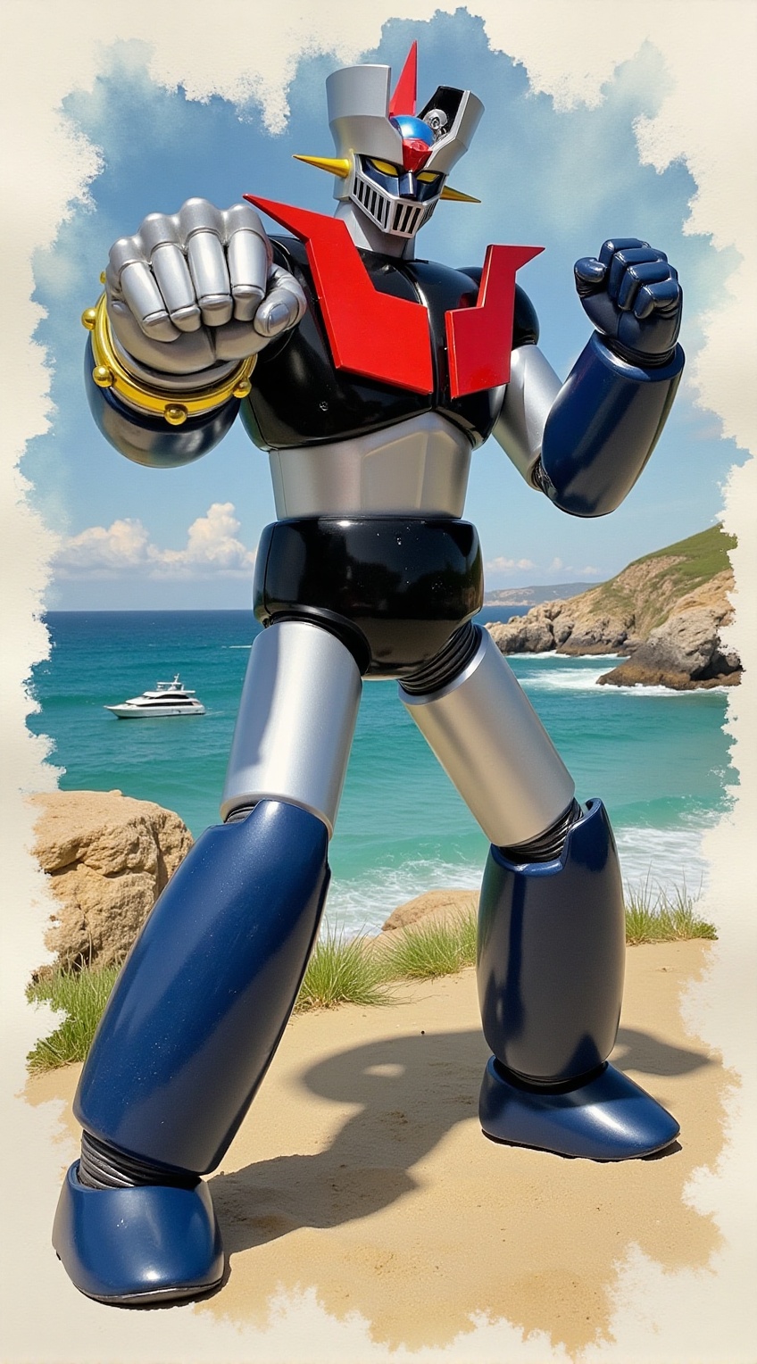 Close up of Mazinger Z standing,  high angle,  punching pose on Tensor.Art