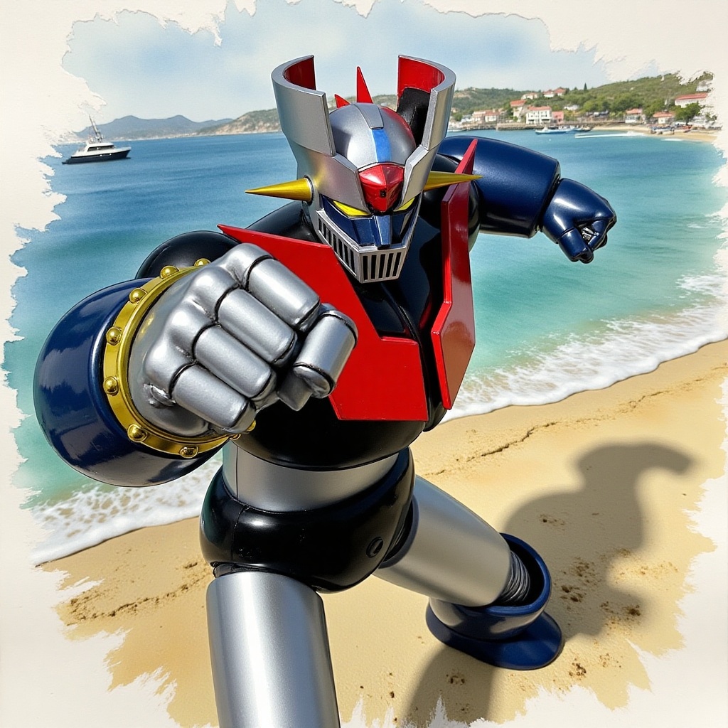 Close up of Mazinger Z standing,  high angle,  punching pose on Tensor.Art