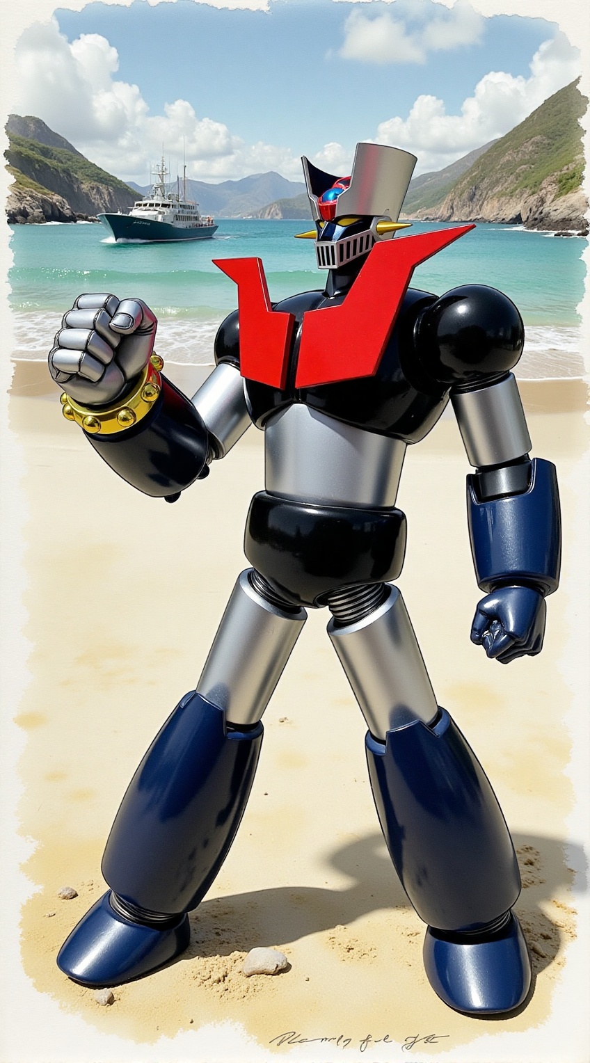 Close up of Mazinger Z standing,  high angle,  punching pose on Tensor.Art