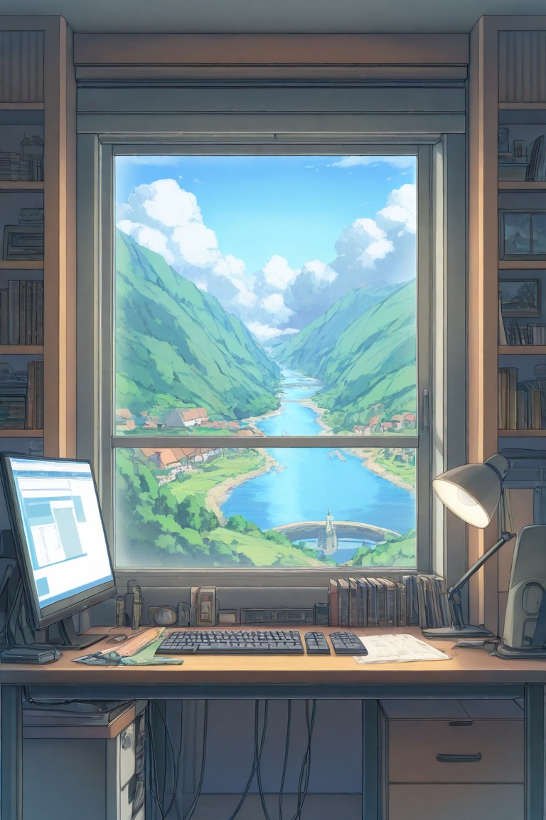 newest,  late,  a cozy and creatively cluttered workspace with a window that opens to a scenic view of mountains and a riv...