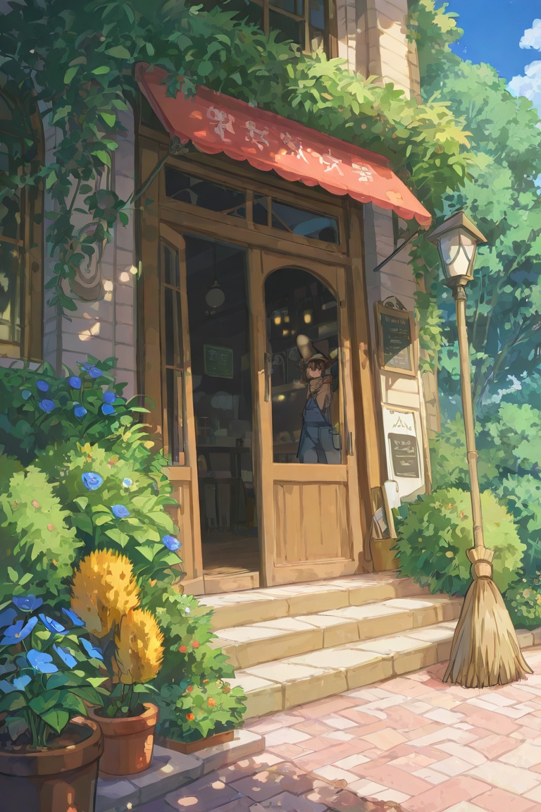 newest,  late,  blue_flower blue_sky broom bug bush butterfly cafe dappled_sunlight day door flower lamp no_humans outdoor...
