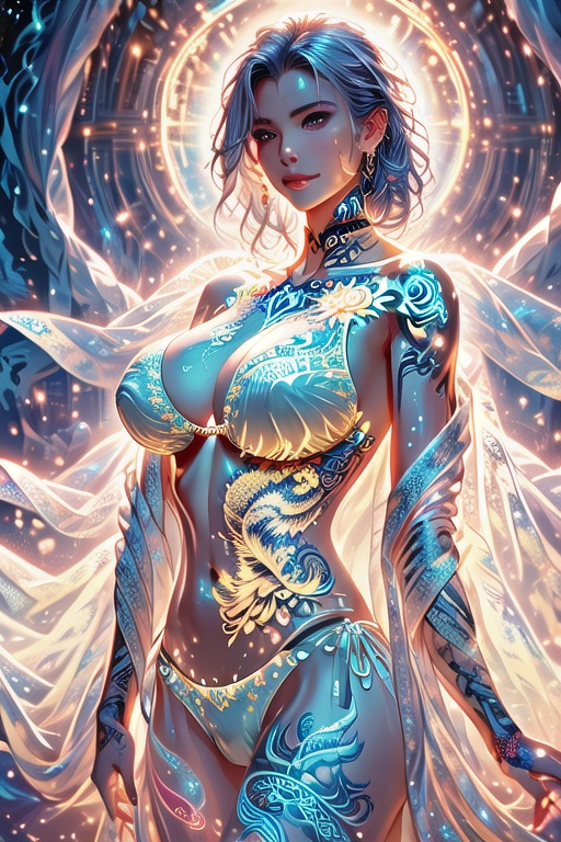 A stunning portrait of a beautiful face with a glowing upper body,  wearing a radiant bikini that emits a soft shimmer und...