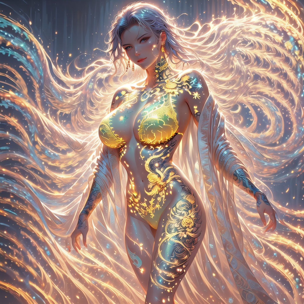 A stunning depiction of a beautiful face with a radiant,  glowing upper body. A delicate tattoo graces the neck,  adding i...