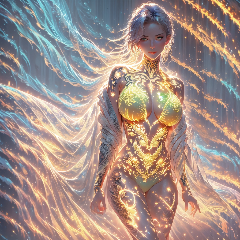 A stunning depiction of a beautiful face with a radiant,  glowing upper body. A delicate tattoo graces the neck,  adding i...