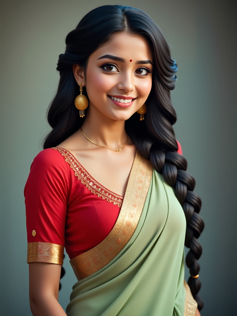 A breathtaking portrait of a young Indian woman with a warm,  radiant smile,  exuding grace and elegance. She has deep bro...