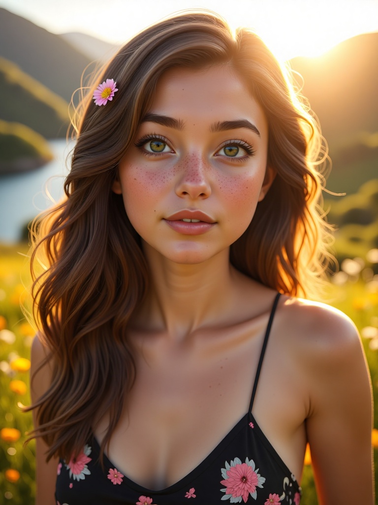 a young woman with soft,  sun-kissed skin and natural freckles,  gazing gently at the viewer. She has deep green eyes on T...