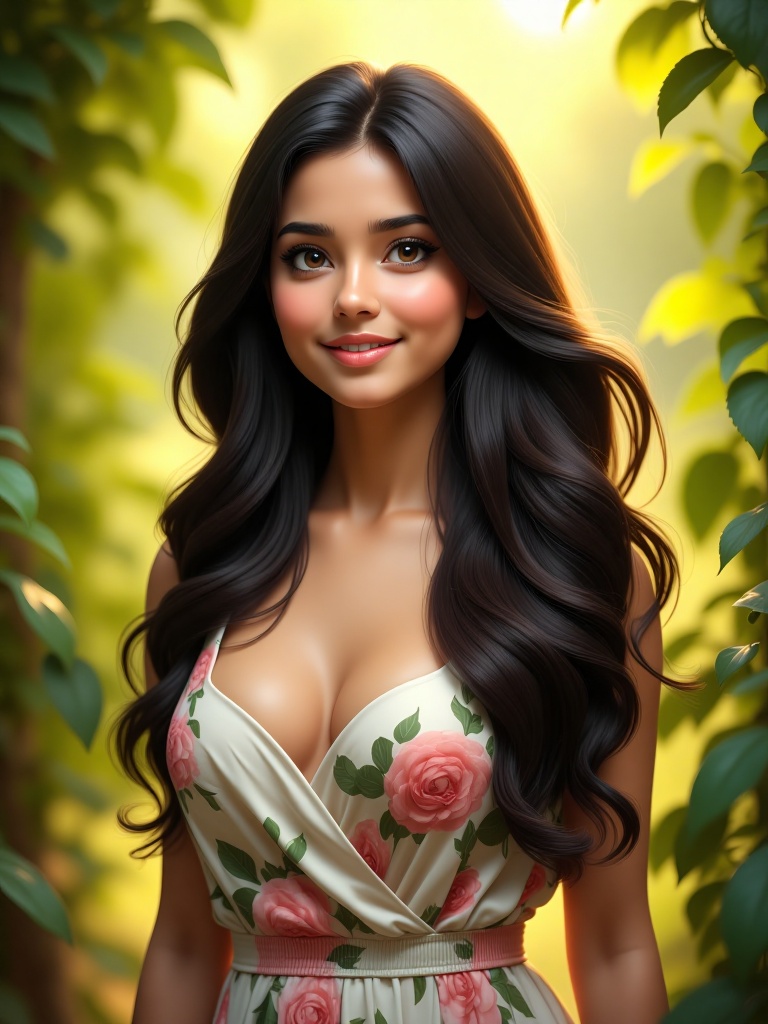 Portrait of a beautiful Indian woman with long,  flowing black hair,  standing in a lush on Tensor.Art
