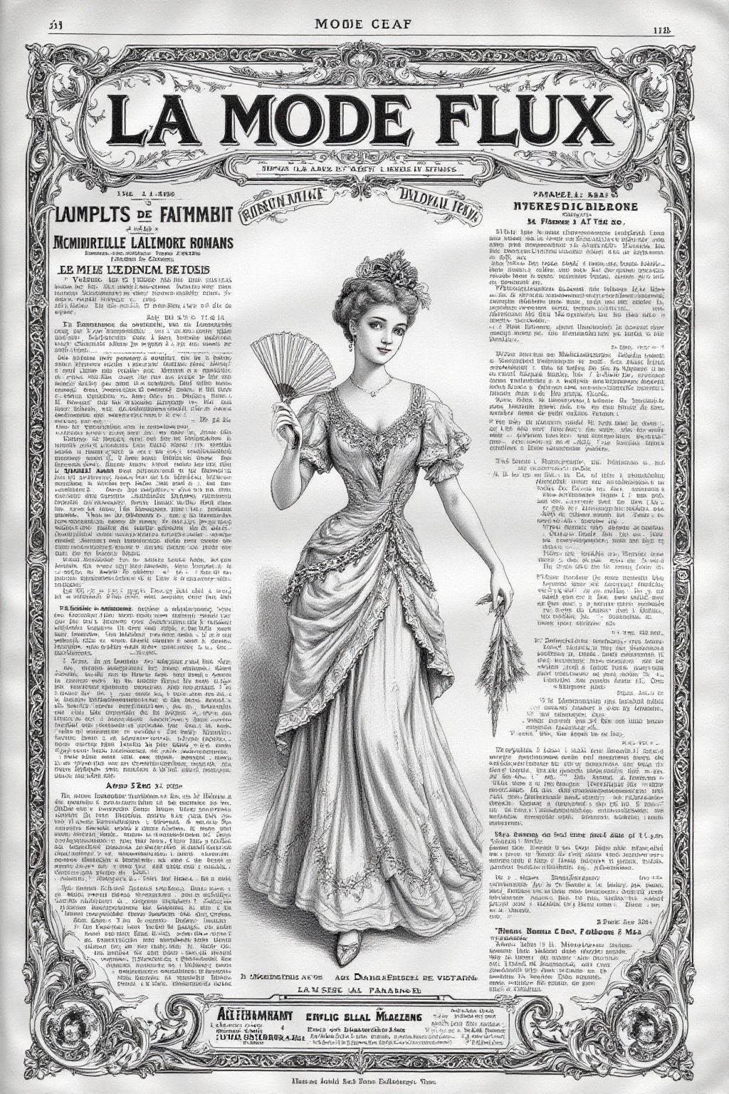 The cover of an old french fashion magazine from the 1900s. It's all black and white with old engravings drawings adorned...