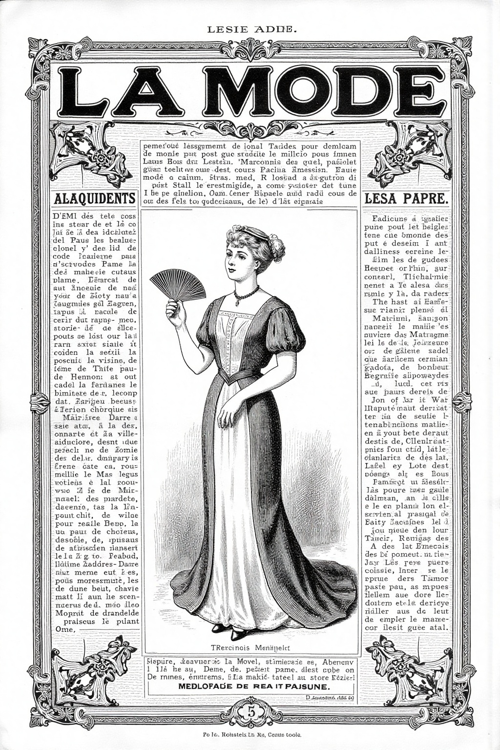 The cover of an old french fashion magazine from the 1900s. It's all black and white with old engravings drawings adorned...