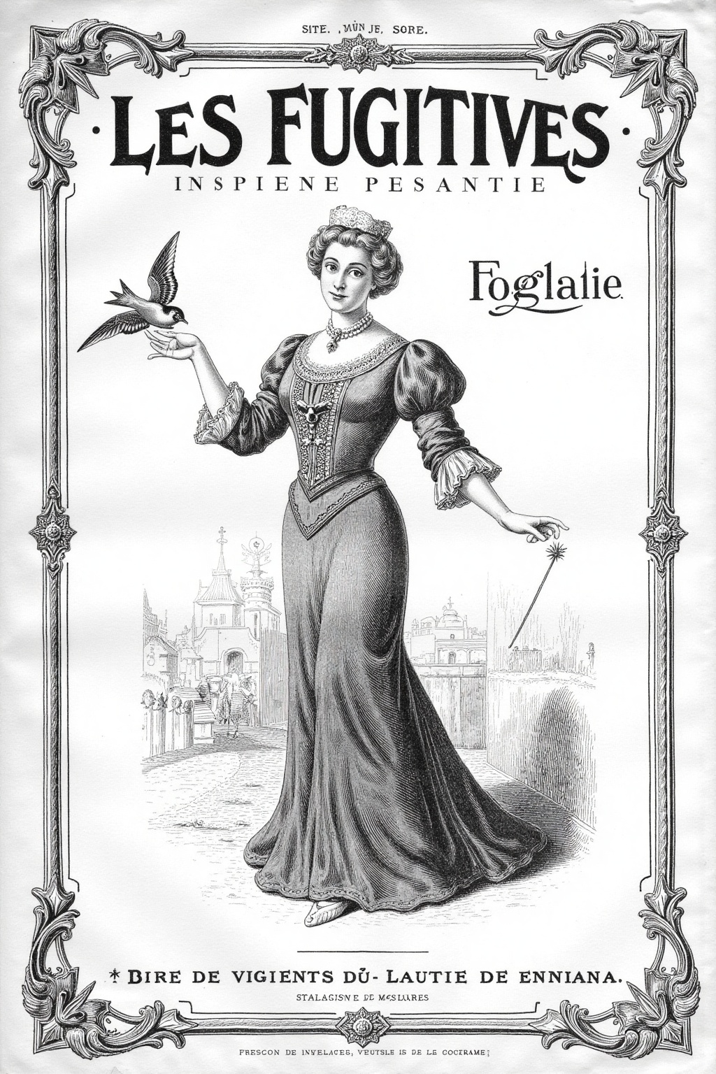 The cover of an old french fashion magazine from the 1900s. It's all black and white with old engravings drawings adorned...