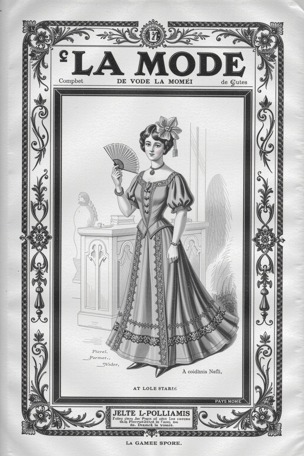 The cover of an old french fashion magazine from the 1900s. It's all black and white with old engravings drawings adorned...