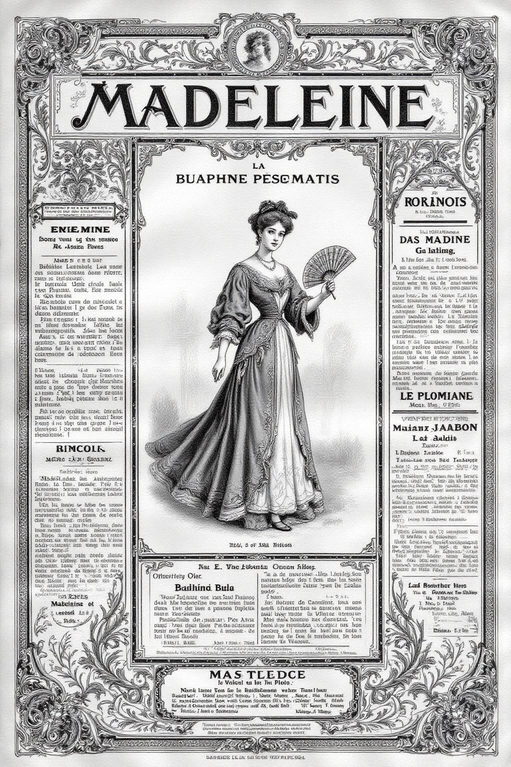 The cover of an old french fashion magazine from the 1900s. It's all black and white with old engravings drawings adorned...