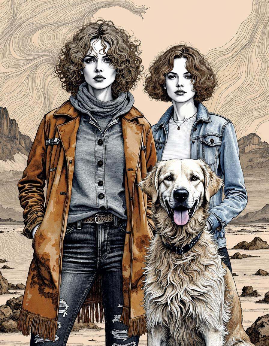 This image is a detailed,  highly stylized drawing in a digital medium. It features three subjects: two women and a dog. T...