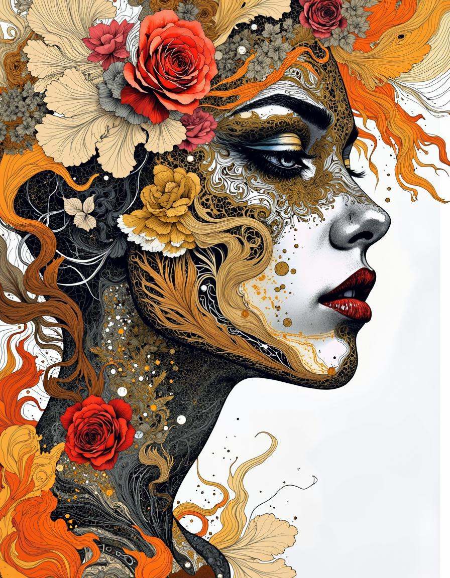 This is a digital artwork created in a mixed media style,  blending elements of watercolor and ink.A seductive angle by Sc...