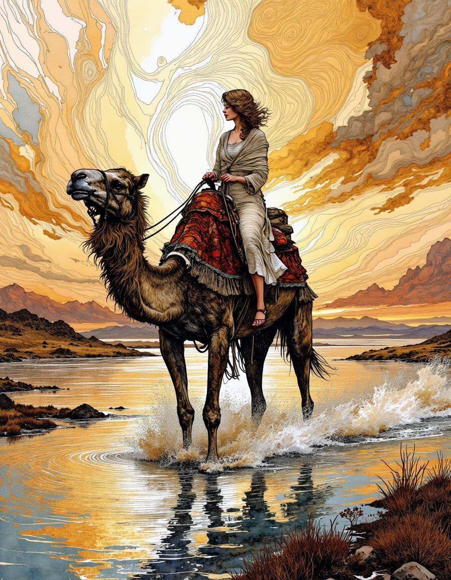 This is a digital artwork created in a mixed media style,  blending elements of watercolor and ink.A woman riding camel,...