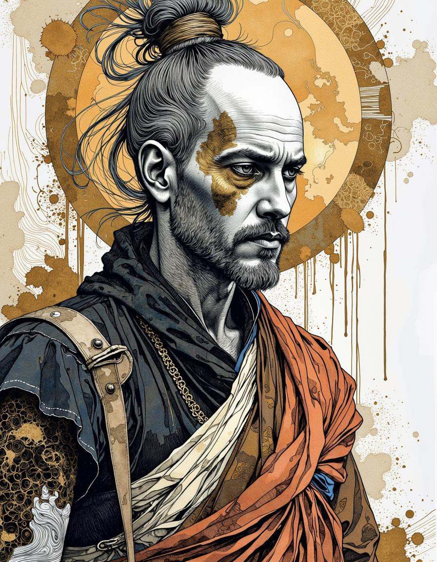 This is a digital artwork created in a mixed media style,  blending elements of watercolor and ink.An elaborate portrait o...