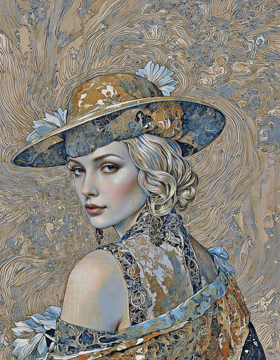This image is a highly detailed,  digital illustration featuring a woman with a striking,  sophisticated appearance. She h...