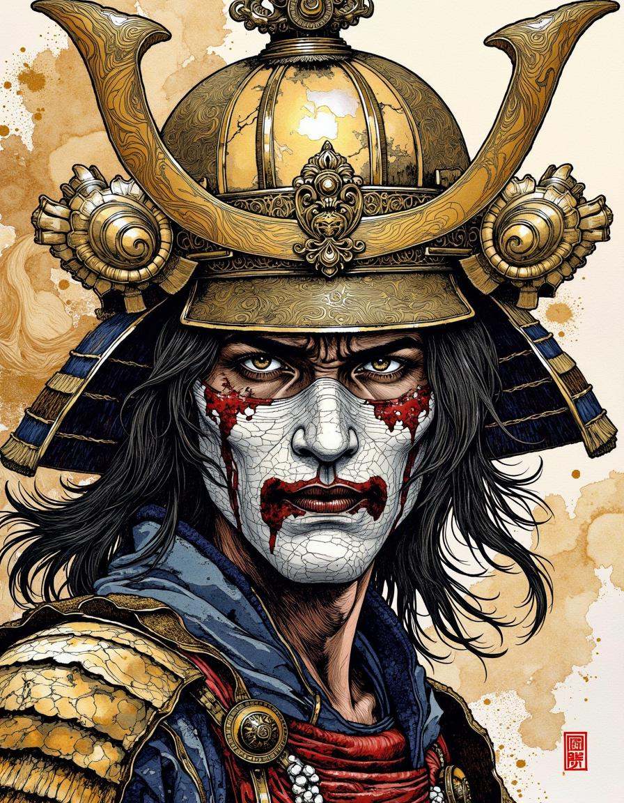 This is a digital artwork created in a mixed media style,  blending elements of watercolor and ink.A portrait of a samurai...