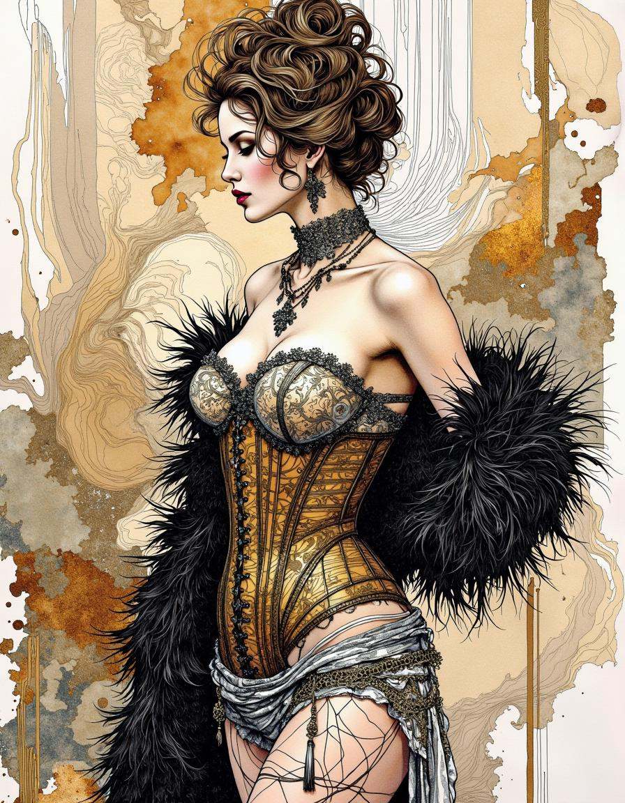 This is a digital artwork created in a mixed media style,  blending elements of watercolor and ink.The Burlesque Tease: In...