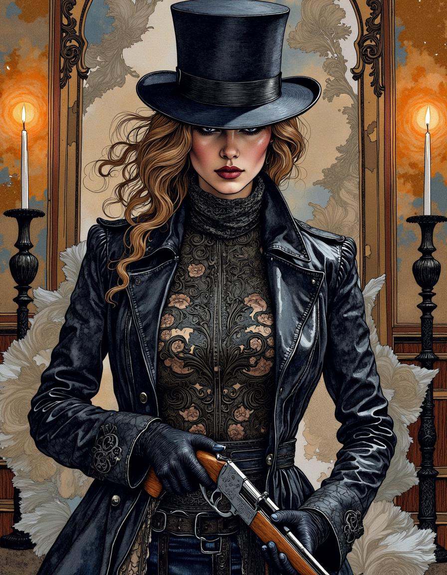 This is a digital artwork created in a mixed media style,  blending elements of watercolor and ink.A woman hunter in dynam...