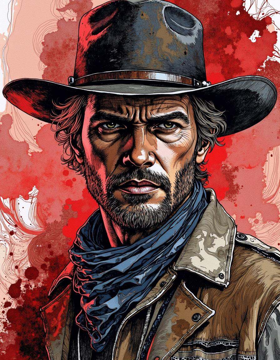 This is a digital artwork created in a mixed media style,  blending elements of watercolor and ink.A red dead redemption,...