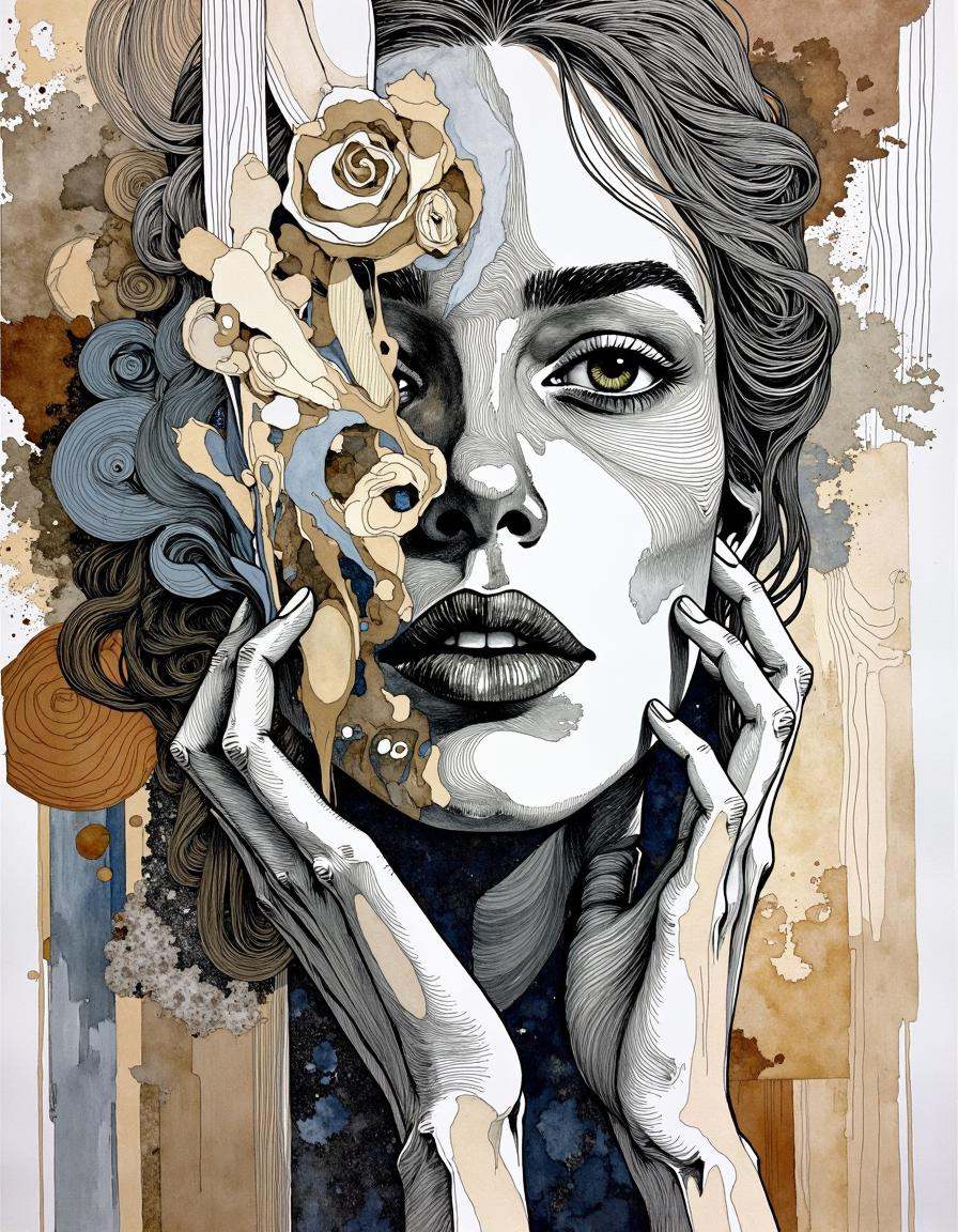 This is a highly detailed,  abstract watercolor and ink painting of a woman's face. The artwork is characterized by a blen...