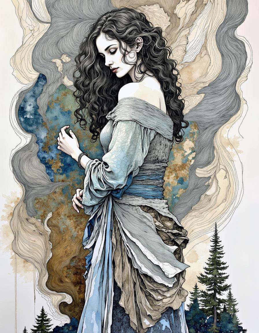 This image is a highly detailed,  surreal watercolor and ink drawing of a woman in a contemplative pose. The woman has pal...