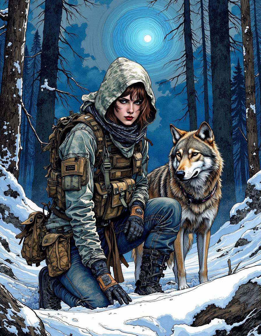 This is a digital artwork created in a mixed media style,  blending elements of watercolor and ink.A rugged female warrior...