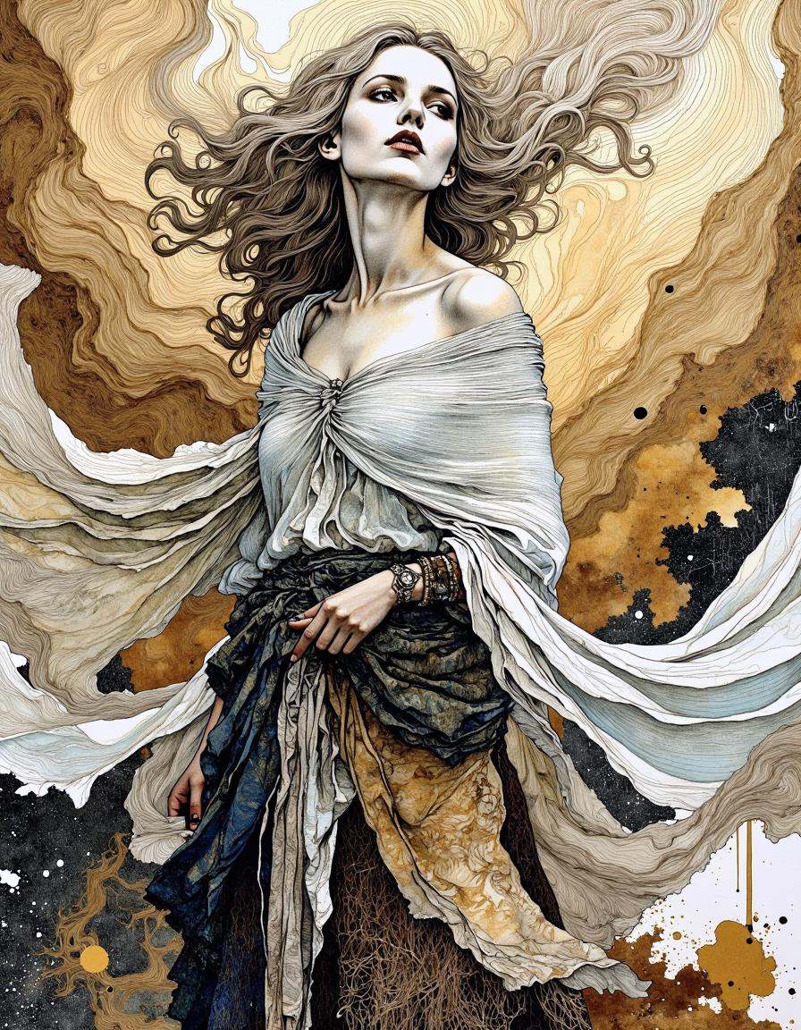 This is a digital artwork created in a mixed media style,  blending elements of watercolor and ink. The image features a f...