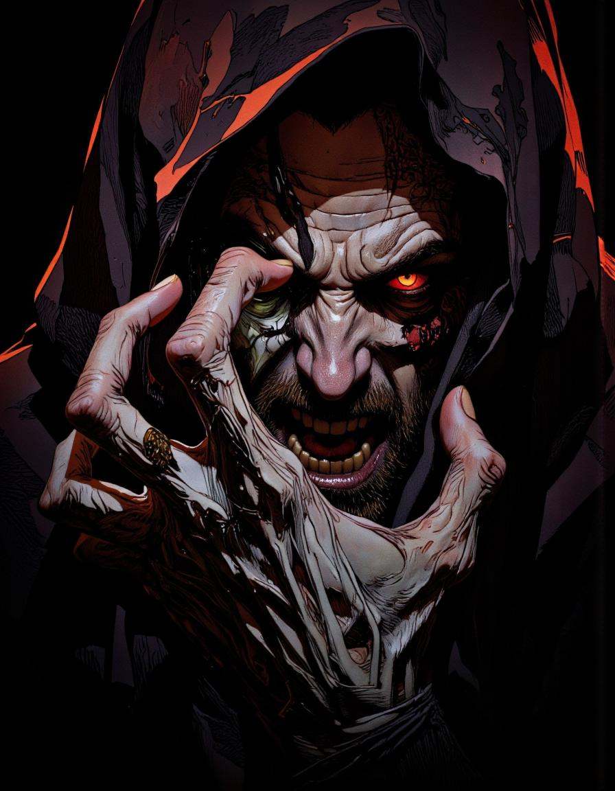 A digital illustration in a dark,  gritty,  and stylized comic book art style. The subject is a male figure with a gaunt o...