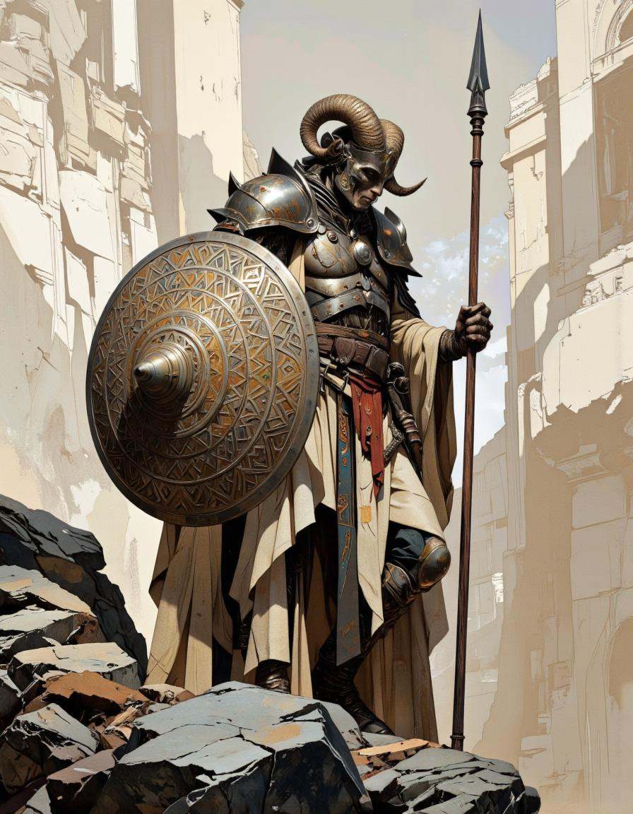 A highly detailed digital illustration with a dynamic,  futuristic style. The central figure is a humanoid warrior,  depic...