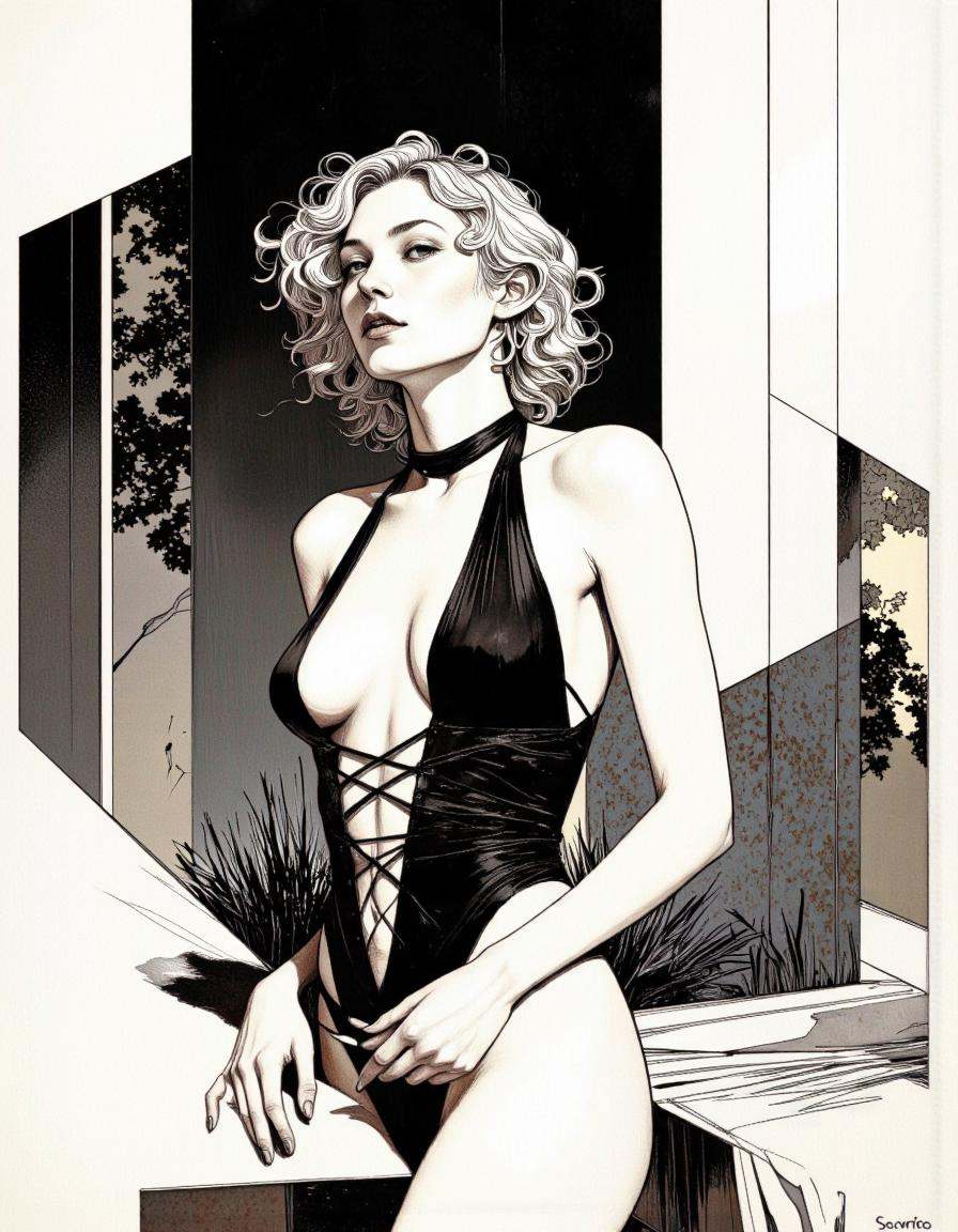 A high quality digital drawing in a comic book style depicts a sensual,  slender woman with curly hair wearing a revealing...